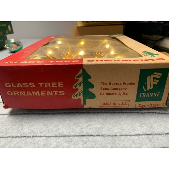 1960s Franke Glass Tree Ornaments Made In USA Gold Set of 12 Original Box - Picture 2 of 9